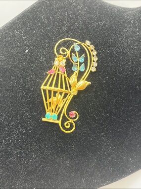Vintage Harry Iskin Pink Blue Rhinestone 12k Gold filled Bird Cage Leaf Brooch